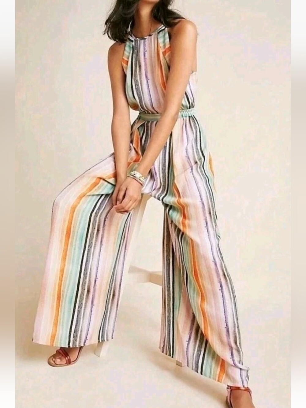 Bl-nk Blank London Anthropologie Wide Leg Jumpsuit Striped Watercolor Orange S